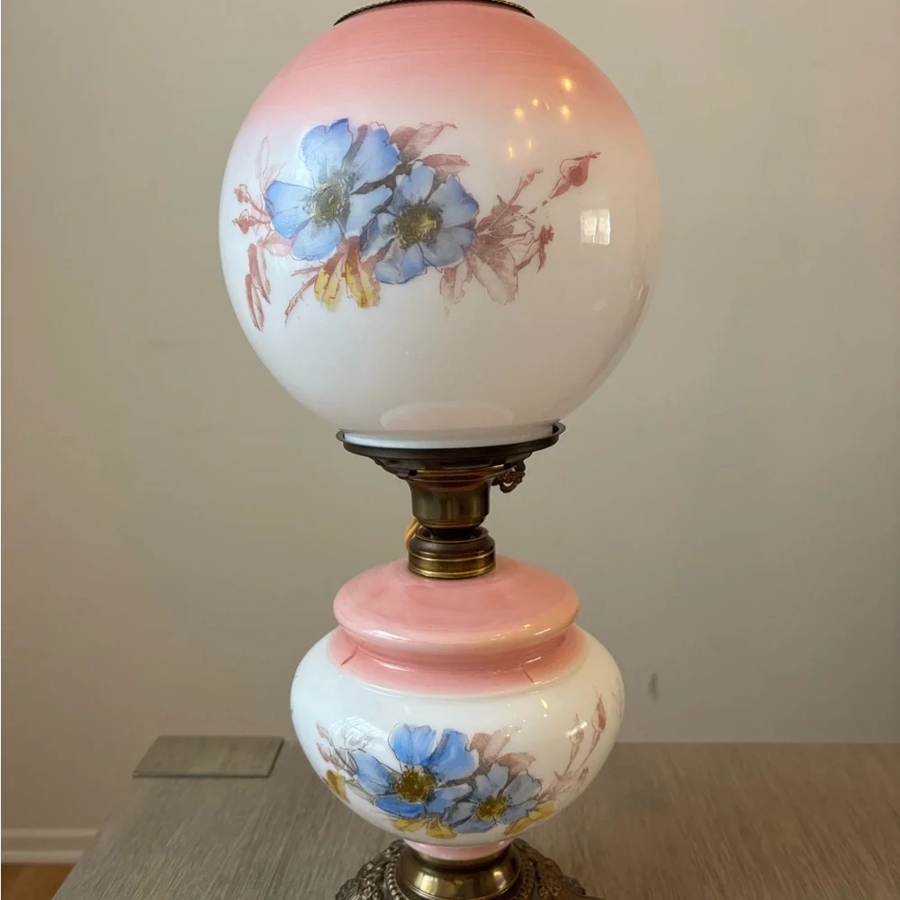 Floral Glass Table Lamp with Pink and Blue Accents - Picture 6 of 15